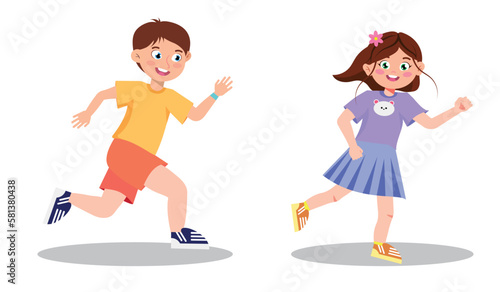 Vector illustration of cute running children. Cartoon scene with a smiling boy and girl playing a game of catch-up isolated on white background.
