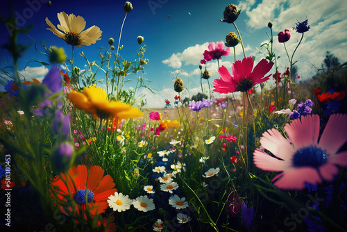 Illustration of a flower meadow in spring. Nature background. (Generative AI) photo