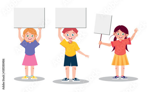 Vector illustration of cute school children with placards. Cartoon scene with smiling boy and girl holding blank placards for banners, announcements isolated on white background.