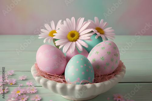 easter eggs and pink flawer  in the basket . vintage style, Ai Generated illustration photo