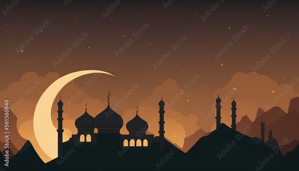 Ramadan's celebration flat style background with Mosque and crescent moon with copy space for text at night generative ai