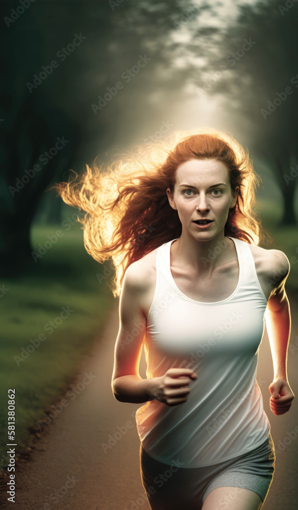 Woman is jogging in a verdant park wearing sportswear. Her hair is tied back and she appears to be sweating.
