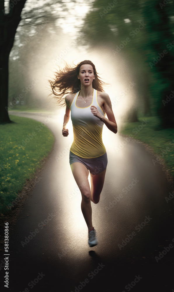 Fototapeta premium Woman is jogging in a verdant park wearing sportswear. Her hair is tied back and she appears to be sweating.