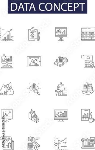 Data concept line vector icons and signs. Concept, Analytics, Insight, Processing, Storage, Mining, Structured, Modeling outline vector illustration set