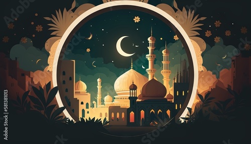 Ramadan's celebration flat style background with Mosque and crescent moon with copy space for text at night generative ai