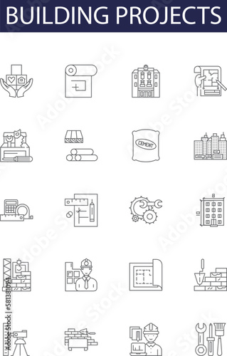Building projects line vector icons and signs. Architecture, Development, Fabrication, Engineering, Restoration, Renovation, Outfitting, Assembling outline vector illustration set photo