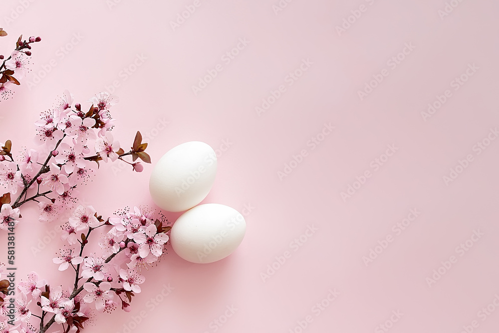 Easter background. Easter eggs with cherry blossoms on pink background. tender spring template with space for text. Greeting card or banner.