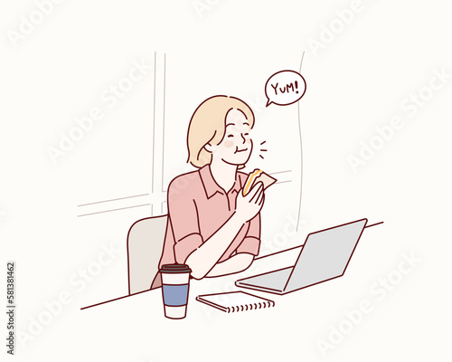 woman holding and eating whole wheat sandwich while working on laptop computer. Hand drawn style vector design illustrations.