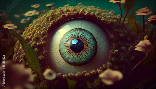 Mysterious eye moss flower fantasy world illustration