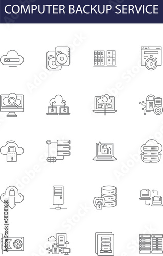 Computer backup service line vector icons and signs. Service, Computer, Storage, Online, Automated, Solution, Cloud, System outline vector illustration set