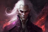 A menacing dark elf in a crimson jacket, smoking dark purple magic, is captivated with black filth and has long white hair. He dynamically extended his in front of him, cursing evil. art. Generative