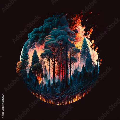 The problem of forest fires on the scale of the planet Earth. Ecological concept. Generative AI. photo