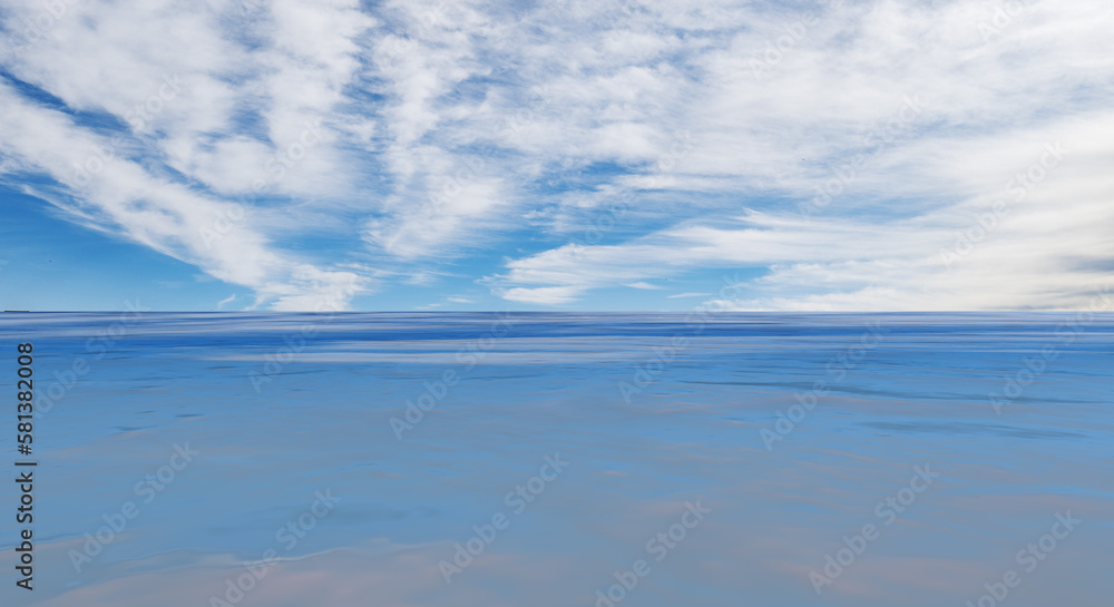 青空と雲を反射した海の波の背景　遠い水平線・水平線　夏・旅行・夏休みのイメージ