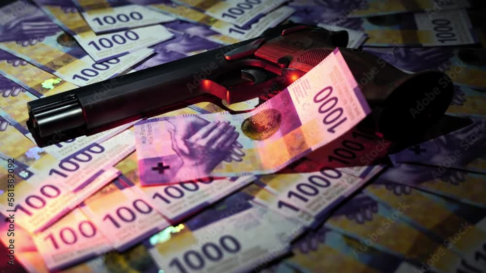 Note Gun Machine Elegant Semiautomatic 9mm Handgun Leaning on Swiss Franc 1000 Banknote ...