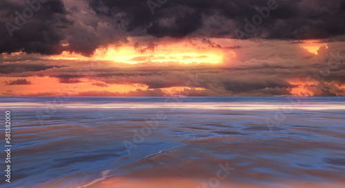 南国リゾート 細かい雲の黄昏時、夕焼けの空と反射して写る海の波と水平線の背景