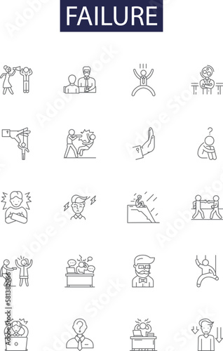 Failure line vector icons and signs. Defeat, Error, Setback, Flop, Rejection, Botch, Fizzle, Flaw outline vector illustration set