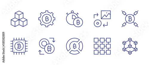 Blockchain line icon set. Editable stroke. Vector illustration. Containing blockchain, gear, timer, nft, chip, exchange, chart. photo