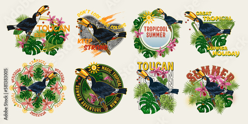 Set of labels with toucan bird, tropical foliage, orchid, text on white background. Holiday summer theme. Detailed illustration for prints, clothing, t shirt design