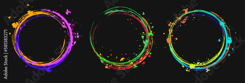 Set of design elements, circular frames. Circle with copy spase, paint brush strokes, spattered paint of neon bright colors. Virtual surreal templates for logo, advertisment.