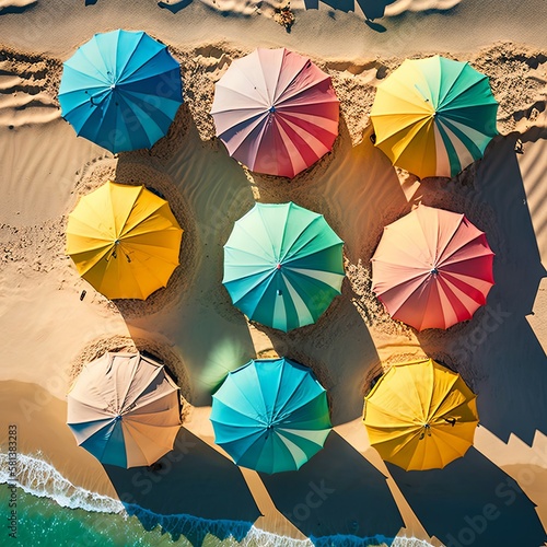 Beach umbrellas from above. Generative AI.