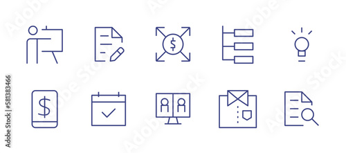 Business line icon set. Editable stroke. Vector illustration. Containing presentation, contract, funding, filter organization, idea, mobile banking, schedule, online meeting, shirt buttons, research.