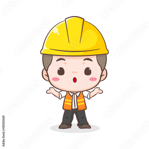 Cute Contractor or architecture Cartoon Character asking questions. People Building Icon Concept design. Isolated Flat Cartoon Style. Vector art illustration