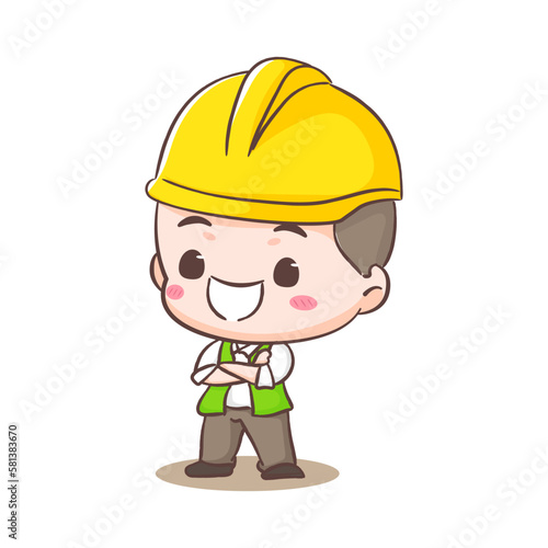 Cute Contractor or architecture Cartoon Character posing. People Building Icon Concept design. Isolated Flat Cartoon Style. Vector art illustration