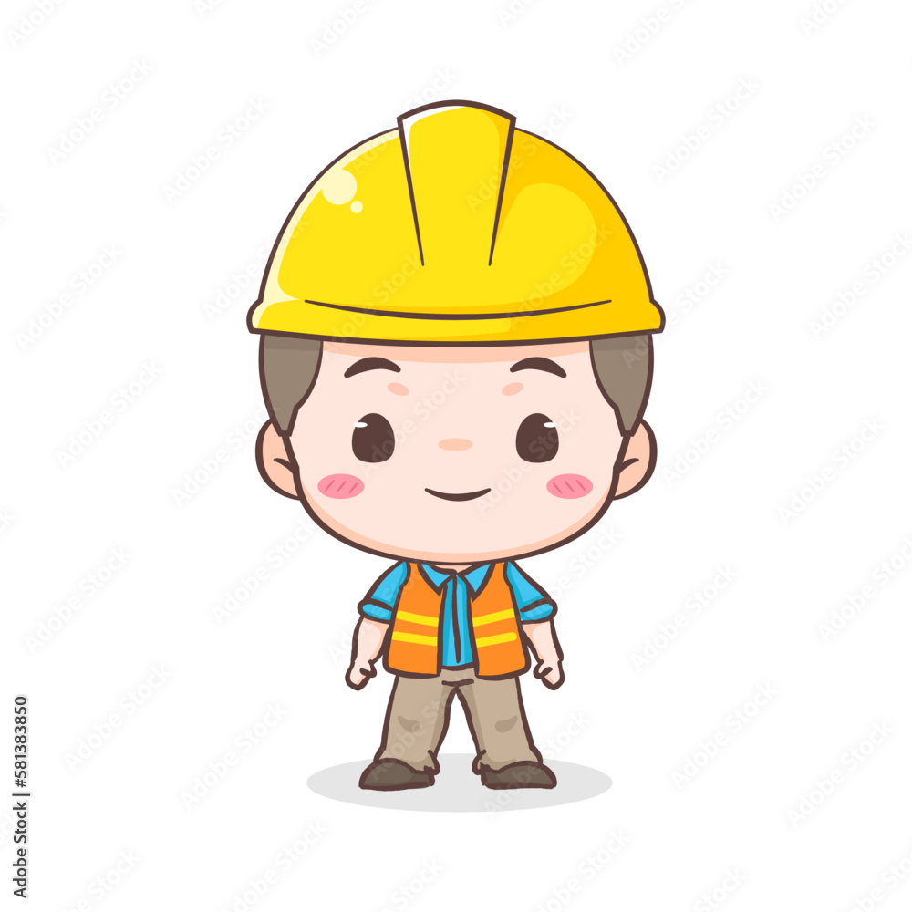 Cute Contractor or architecture Cartoon Character standing and smiling. People Building Icon Concept design. Isolated Flat Cartoon Style. Vector art illustration