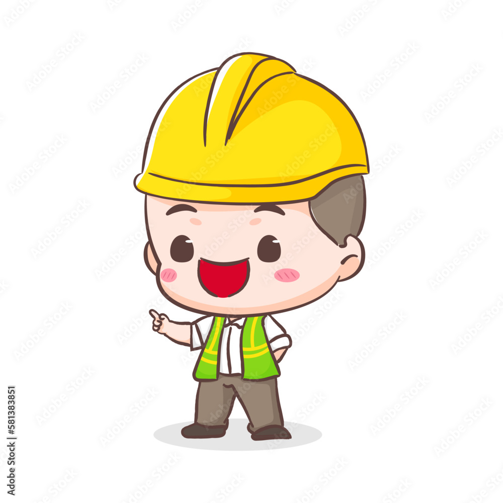 Cute Contractor or architecture Cartoon Character standing giving instruction. People Building Icon Concept design. Isolated Flat Cartoon Style. Vector art illustration