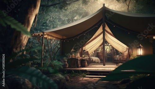 Luxury glamping tent in the jungle. Generative AI