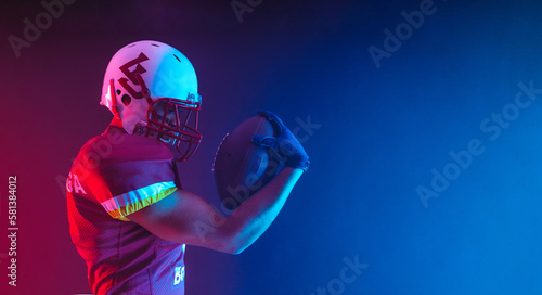 American football player banner in neon lights. Horisontal banner.