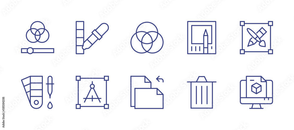 Graphic design line icon set. Editable stroke. Vector illustration. Containing rgb, color picker, art and design, design, color sample, compass, document, trash.