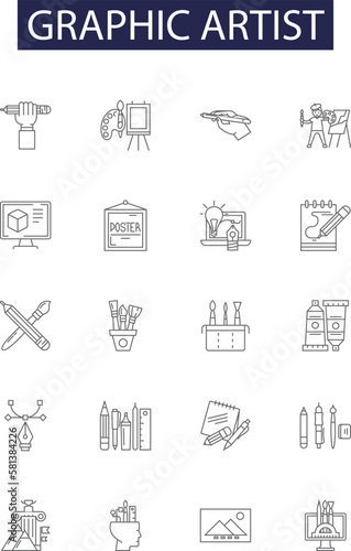 Graphic artist line vector icons and signs. Artist, Design, Art, Illustrator, Visual, Painter, Creator, Craftsman outline vector illustration set
