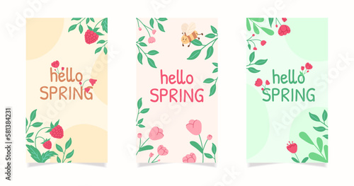 Hand drown flower stories background set. Spring floral illustration background. Patterns for social media story, poster, invitation.