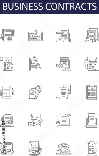 Business contracts line vector icons and signs. Business, Agreement, Terms, Parties, Obligations, Rights, Vesting, Security outline vector illustration set