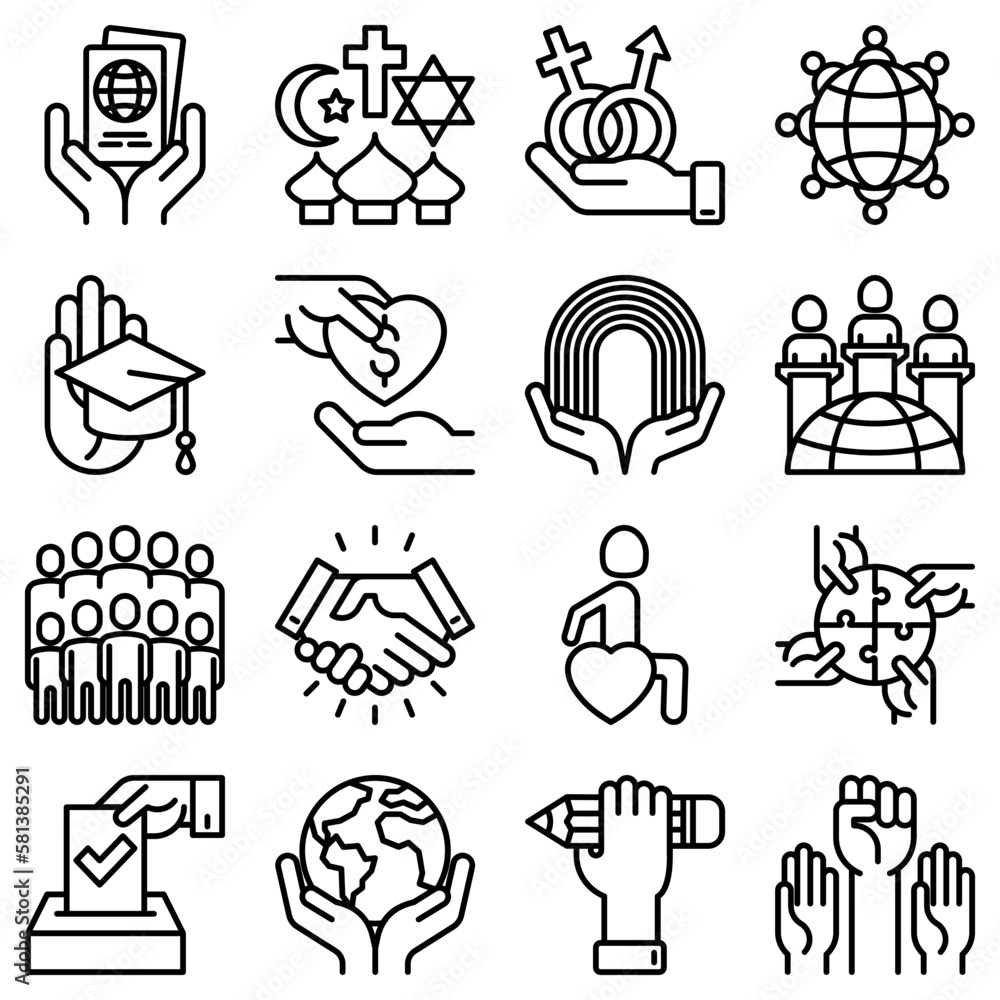 Tolerance thin line icons set: gender, racial, national, religious, sexual orientation, educational, interclass, for disability, respect, self-expression, human rights, democracy. Vector illustration.