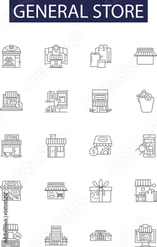 General store line vector icons and signs. Store, Grocery, Retailer, Shop, Storefront, Trading, Marketplace, Outlet outline vector illustration set