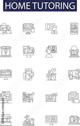 Home tutoring line vector icons and signs. Tutoring, Tuition, Education, Teaching, Instructing, Learning, Guidance, Home-Schooling outline vector illustration set