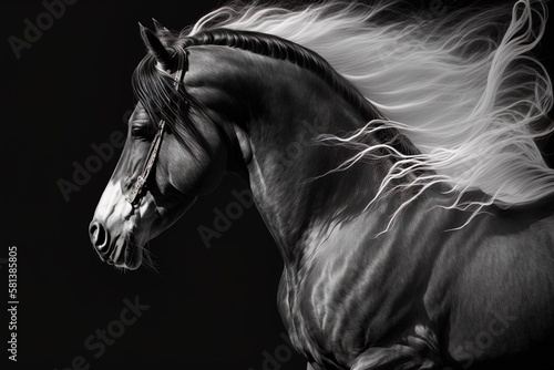 Picture of a purebred Friesian horse in black and white, displaying its exquisite form against a dark backdrop. Generative AI