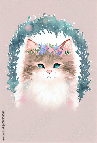  cuttie fluffy kitty with a wreath, watercolor style Generative AI photo