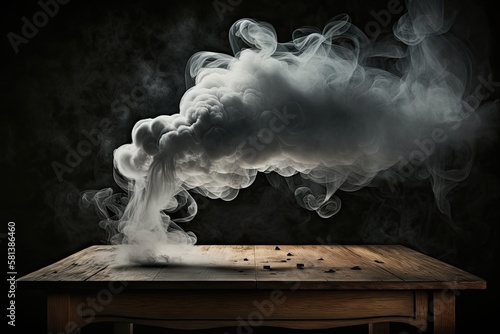 Smoke floating above an empty wooden table against a dark background. Generative AI