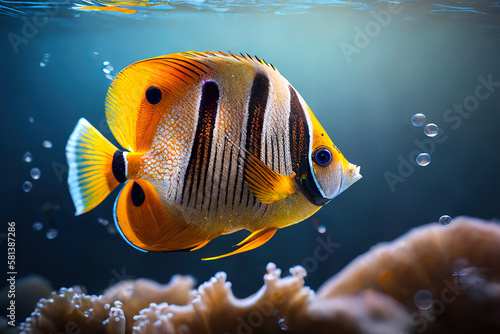 The tropical marine underwater landscape with butterfly fish , features coral reefs, blue saltwater, and exotic aquatic fauna. Generative AI