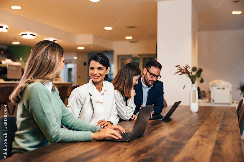Businesswoman working with female colleague over the laptop, sitting in the meeting room.