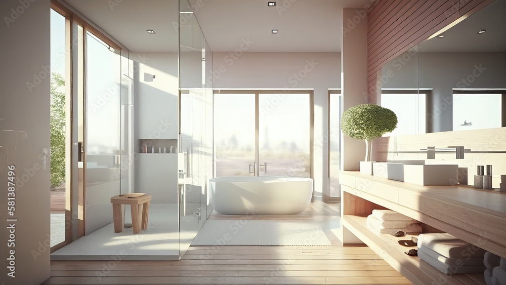 Fototapeta premium Bathroom full of light with the garden view, photorealistic illustration, Generative AI