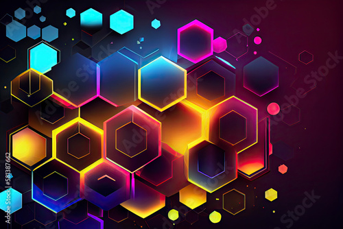 Abstract hexagonal shapes background with neon color elements