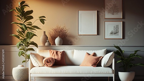 Two-tone color lounge interior with plants, photorealistic illustration, Generative AI