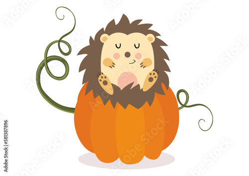 An autumn hedgehog on top of an orange squash