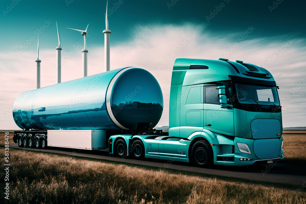 Pure energy. Commercial logistics trucking with green energy. Sustainable renewable energy. With wind turbines in the background. AI generated illustration.