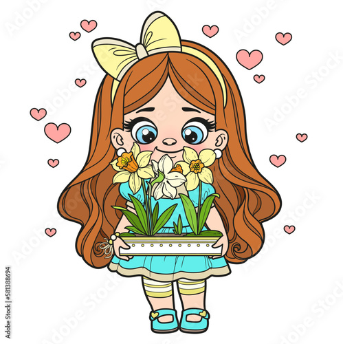 Cute cartoon long haired girl holds in hands a long pot with daffodils color variation for coloring page on white background