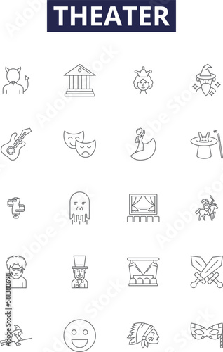 Theater line vector icons and signs. Stage, Drama, Acting, Play, Dramatic, Perform, Curtain,Audience outline vector illustration set